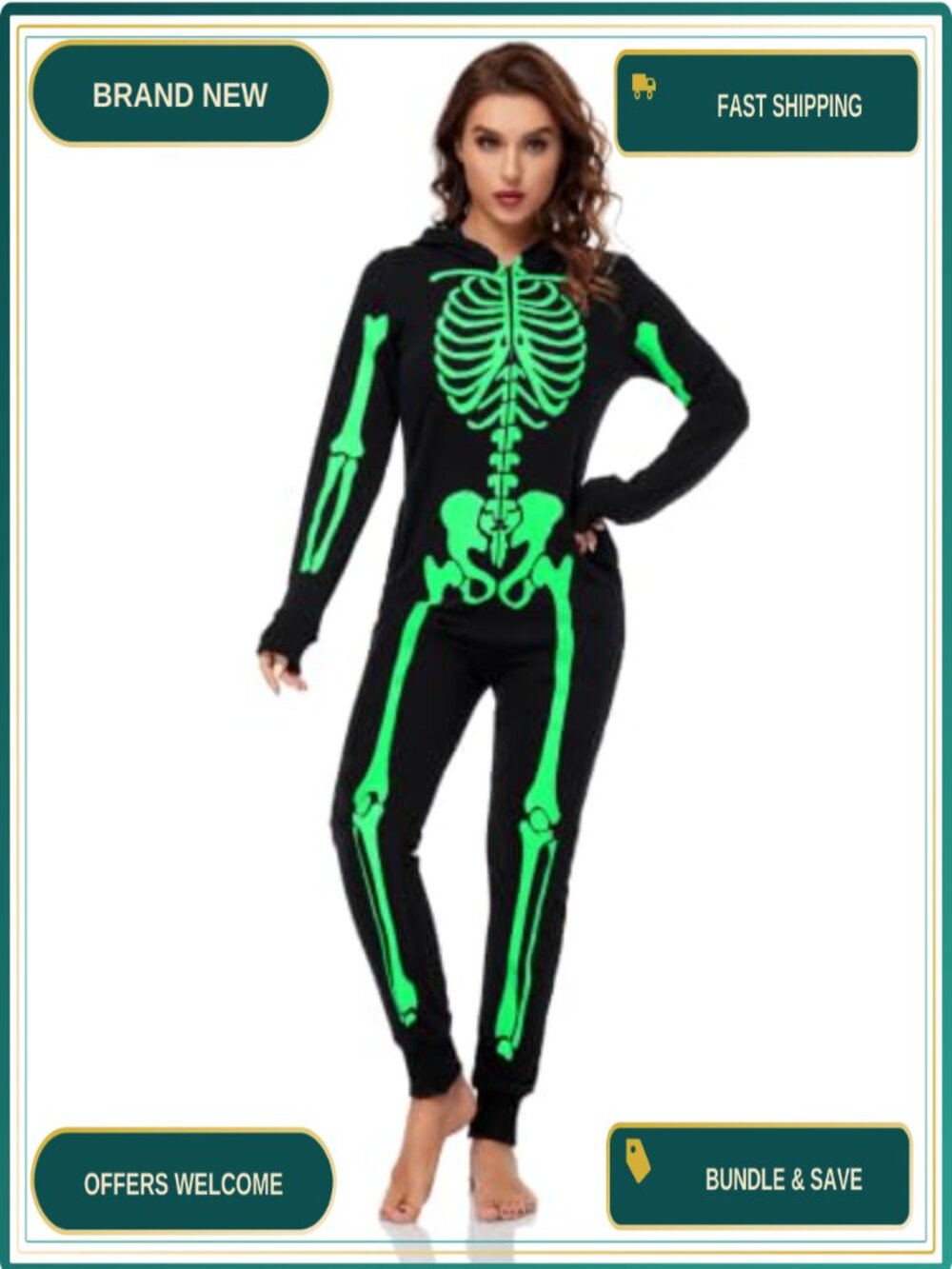Skeleton Halloween Onesie Glow in the Dark Zip Hooded Jumpsuit Costume